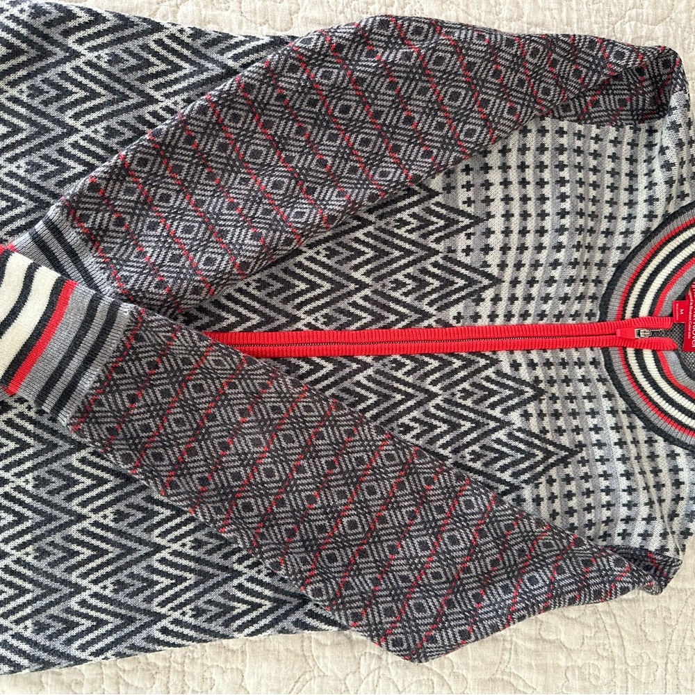 Krimson Klover Geometric Zip-Up Sweater - Gray and Red